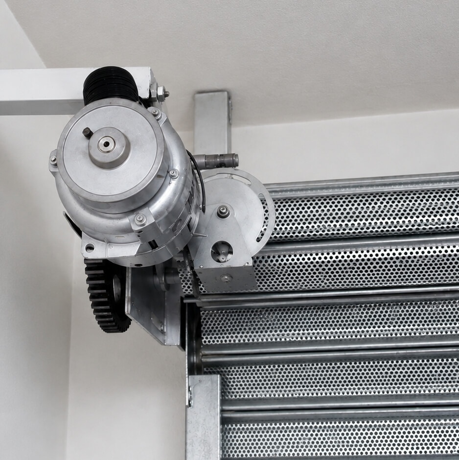 Motor blindado Inducort instalado en cortina metálica perforada